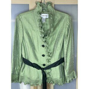 VINTAGE Victor Costa Womens Green Pleated Ruffled Top‎ Sz 8 Victorian Blazer 80s